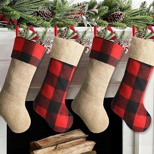 Meriwoods Christmas Stockings 4 Pk 18 Inch Buffalo Plaid & Burlap Xmas Stockings